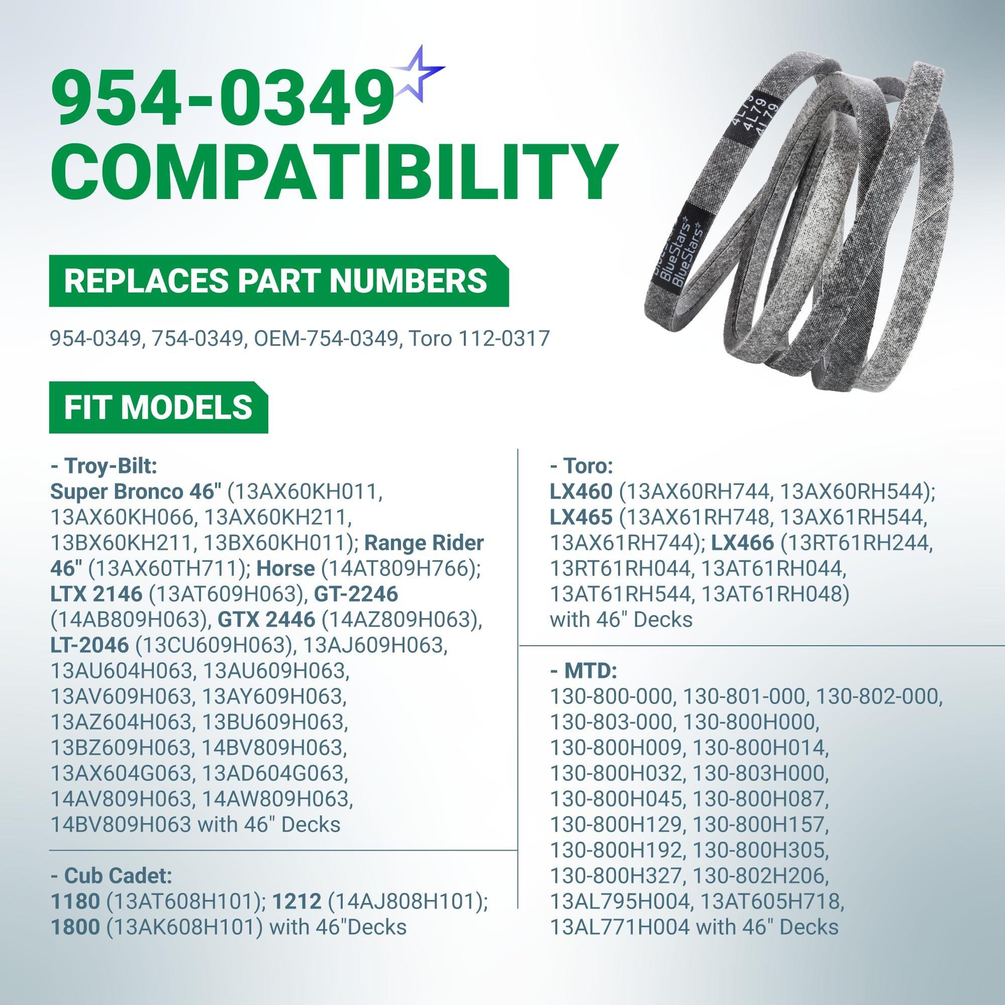 [Lifetime Warranty] 954-0349 Deck Belt - for 46-inch Cub Cadet 1180 1212 1800 Troy-Bilt Super Bronco 14AB809H063 MTD Toro LX460 - Replaces 754-0349 112-0317 Lawn Mower | 1/2” x 79” image 2