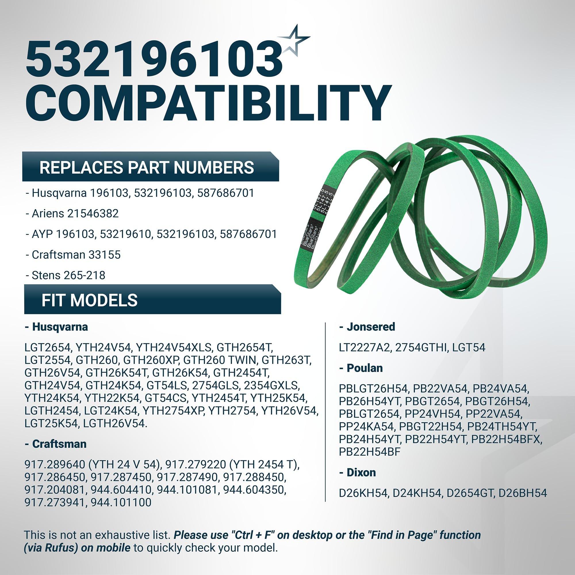 [Upgraded Grip120] BlueStars 196103 Mower Deck Belt - for 54" Deck Husqvarna 532196103 587686701 LGT2654 GTH2654 YTH24V54 GT 54 Ariens 21546382 AYP Craftsman 33155 | Aramid Cord |147.5" image 5