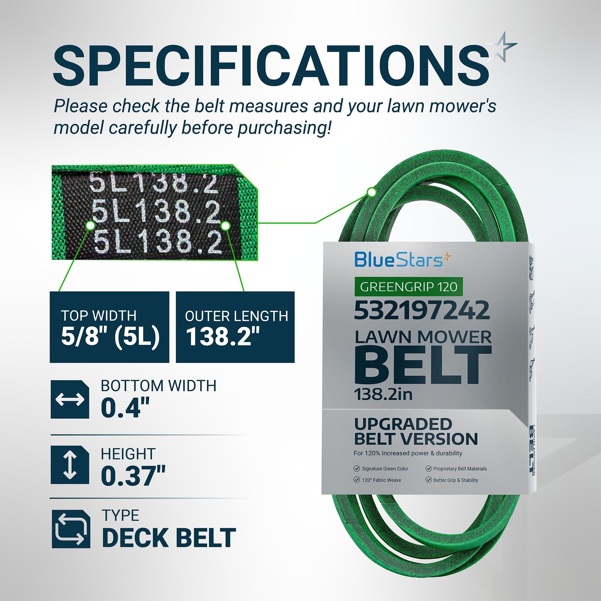 [Upgraded Grip120] BlueStars 532197242 197242 Deck Belt - for 48" Deck Husqvarna YTH24V48 YTH24K48 YTH2348 YTA24V48 Craftsman AYP Poulan Lawn Mowers | Aramid Cord | 138.2" image 1