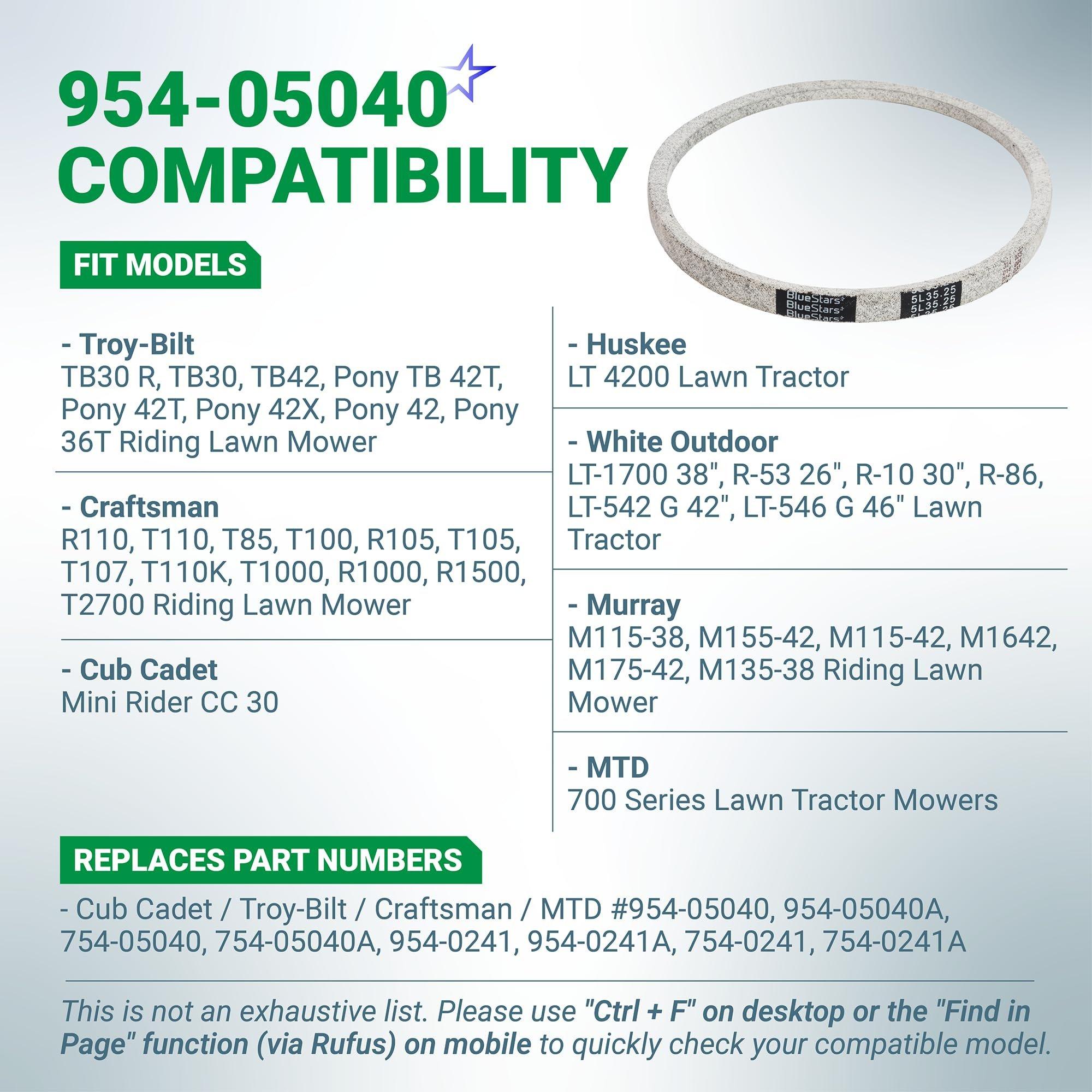 [Lifetime Warranty] 954-05040 Upper Drive Belt Replaces 754-05040, 954-0241, 954-0241A, 754-0241, 754-0241A - Fits MTD Troy-Bilt Craftsman Cub Cadet Lawn Tractor & Riding Mower | 5/8" x 35-1/4" image 2