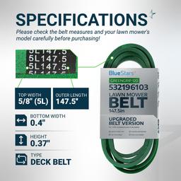 [Upgraded Grip120] BlueStars 196103 Mower Deck Belt - for 54" Deck Husqvarna 532196103 587686701 LGT2654 GTH2654 YTH24V54 GT 54 Ariens 21546382 AYP Craftsman 33155 | Aramid Cord |147.5" thumbnail 1