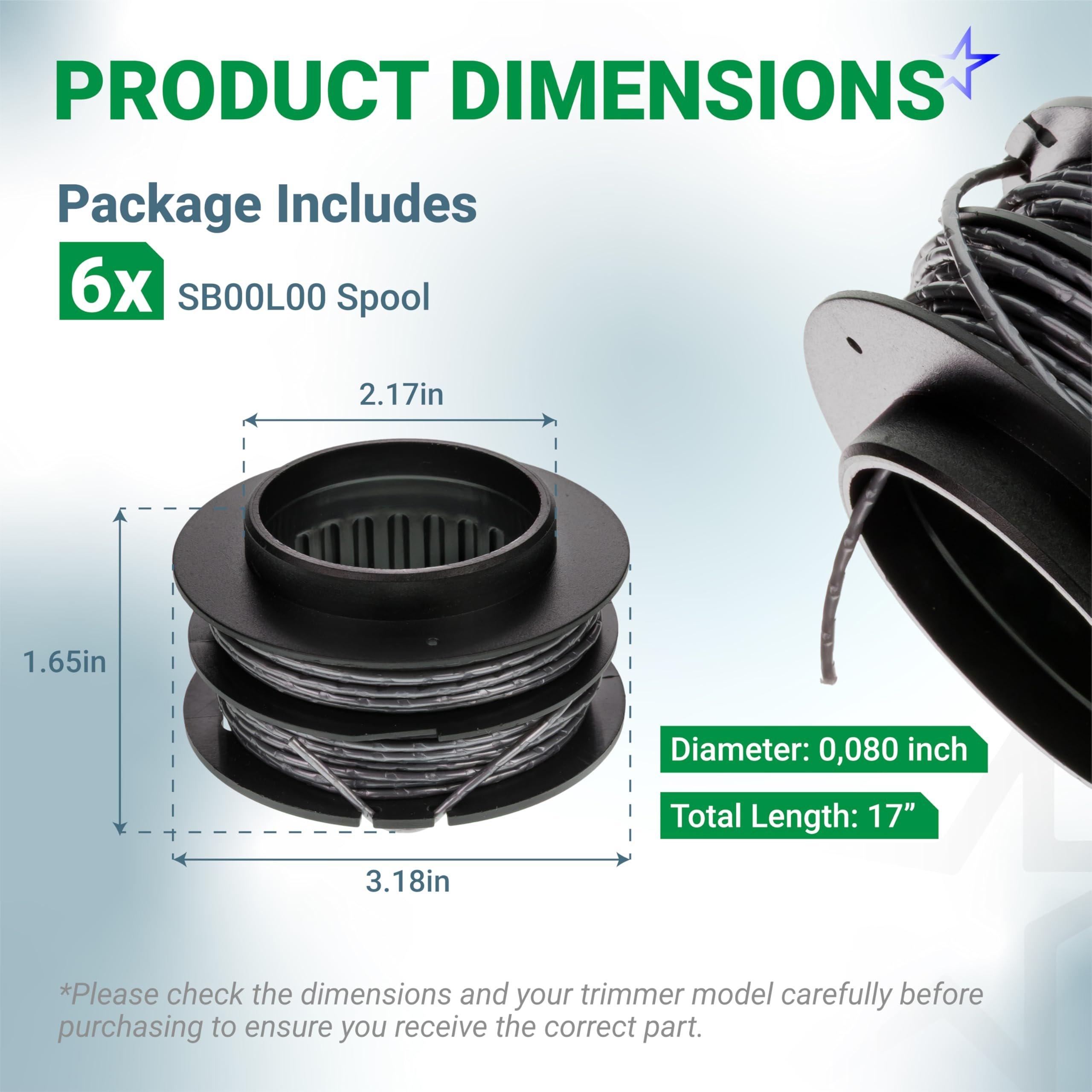 [Lifetime Warranty] SB00L00 String Trimmer Replacement Spool - Compatible with Greenworks 60V 80V ST60V ST60V-T0 ST80L200-0.08 Inch Dual Line Trimmer Refill for Greenworks Part 2906302 2901619 - Pack of 6 image 1