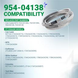 [Lifetime Warranty] 954-04138A Mower Deck Belt - for 54-inch Deck Cub Cadet RZT 54 Craftsman ZTL8000 MTD White Outdoor ZT54 Zero Turn Mowers - Replaces 954-04138 754-04138A 754-04138 | 5/8" x 143" thumbnail 2