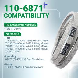 [Lifetime Warranty] 110-6871 Mower Deck Belt - for 42-inch Deck Toro TimeCutter Z4200 74360 74380 Z4220 74363 Z4235 74365 74366 Z4202 Lawn Boy 81270 Z3400HLX 1106871 Zero Turn Mower | 1/2" x 112" thumbnail 2
