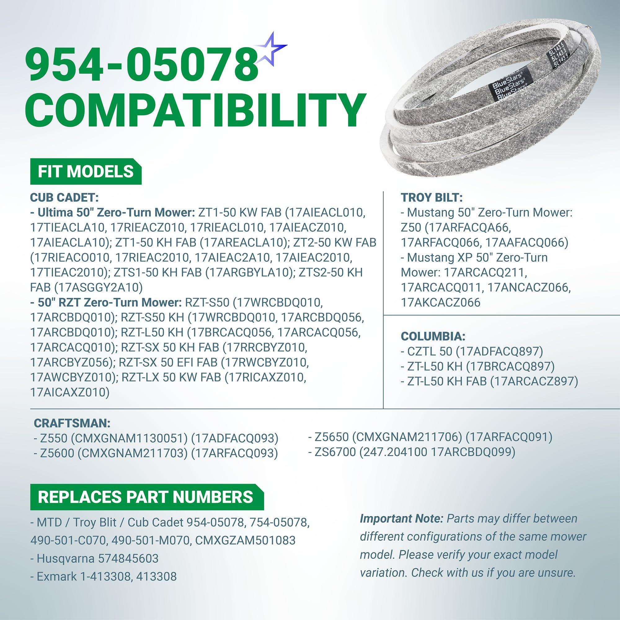 [Lifetime Warranty] 954-05078 Deck Belt Replacement for Cub Cadet 50-inch Deck ZT1 50 RZT 490-501-C070 Troy Bilt Mustang 754-05078 490-501-M070 Craftsman Z550 Z5600 Zero-Turn Mowers | 5/8 x 143.5 image 2