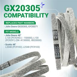 [Lifetime Warranty] GX20305 Mower Deck Belt Replacement - for 48-inch Deck John Deere L130 L120 GY20571 Scotts L2548 L2048 - Replaces GX20305 GY20571 | 1/2" x 139" thumbnail 2