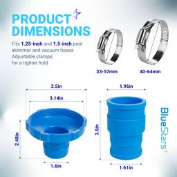 Pool Vacuum Hose Adapter Kit Replacement for Intex Adapter B - Fits 1.25" & 1.5" Above Ground Pool Skimmer Hoses - Includes Flexible Rubber Connectors & Stainless Steel Clamps - Pack of 2 thumbnail 2