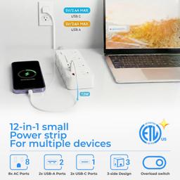 6 Ft Extension Cord Surge Protector Power Strip, Flat Plug with 8 AC Outlets & 4 USB Ports (2 USB C, 1 PD 20W Fast Charging), 1050 Joules, 1875W/13A, ETL Listed, Wall Mount for Home Office Dorm thumbnail 2