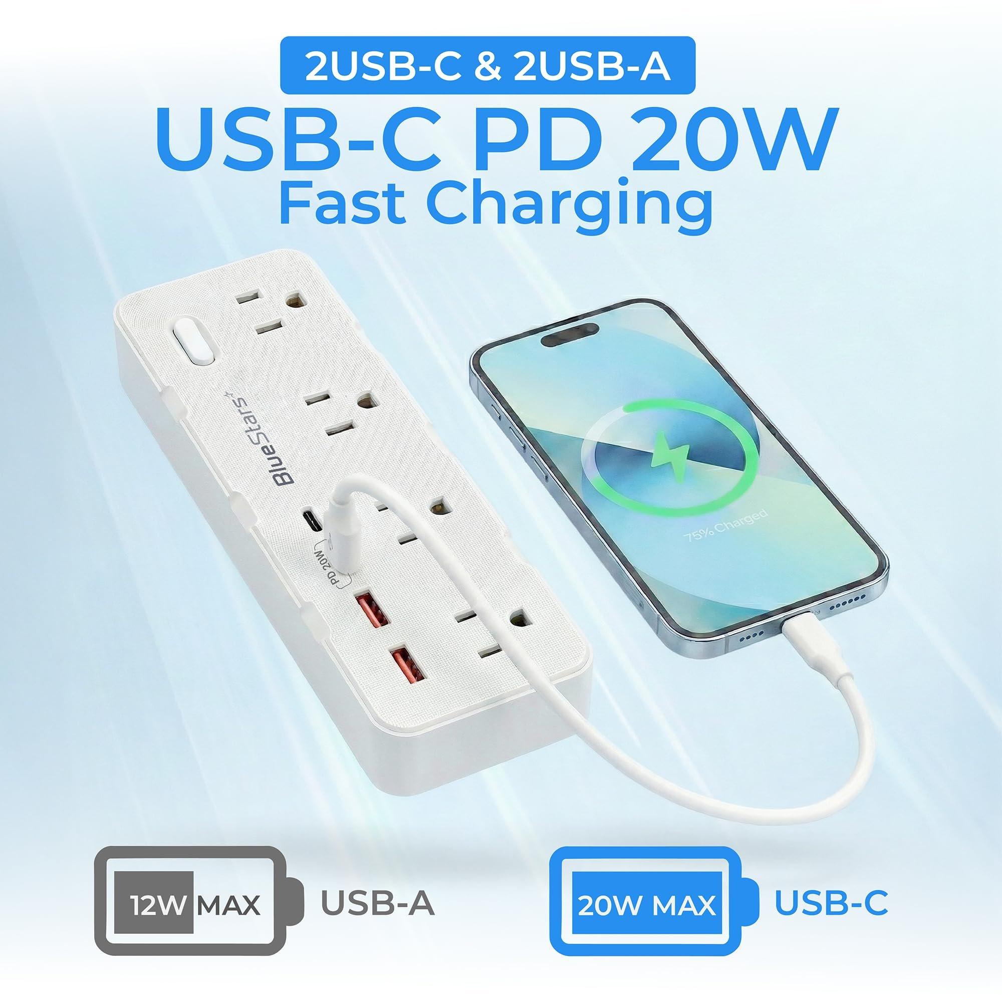 6 Ft Extension Cord Surge Protector Power Strip, Flat Plug with 8 AC Outlets & 4 USB Ports (2 USB C, 1 PD 20W Fast Charging), 1050 Joules, 1875W/13A, ETL Listed, Wall Mount for Home Office Dorm image 3