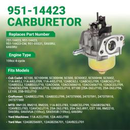 951-14423 Carburetor Kit Compatible with Lawn Mower Cub Cadet ST100 SC100 SC500 Craftsman MTD 159cc Engine - Replaces 751-14423 951-14423-CM 951-05531 - Includes Air Filter & Spark Plug thumbnail 4