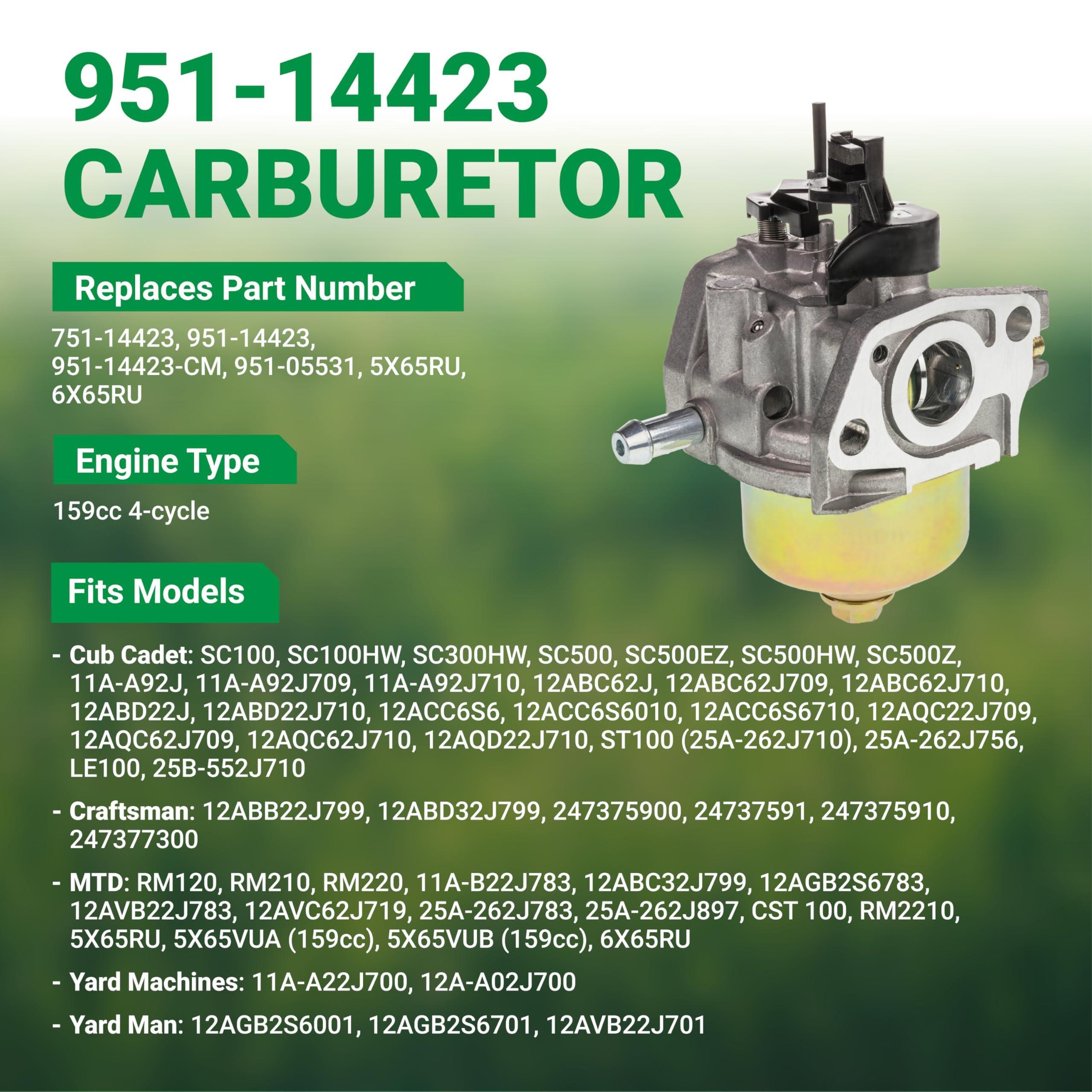 951-14423 Carburetor Kit Compatible with Lawn Mower Cub Cadet ST100 SC100 SC500 Craftsman MTD 159cc Engine - Replaces 751-14423 951-14423-CM 951-05531 - Includes Air Filter & Spark Plug image 4