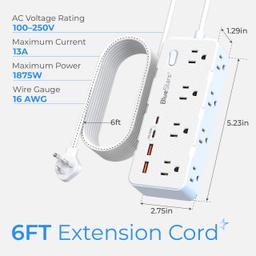 6 Ft Extension Cord Surge Protector Power Strip, Flat Plug with 8 AC Outlets & 4 USB Ports (2 USB C, 1 PD 20W Fast Charging), 1050 Joules, 1875W/13A, ETL Listed, Wall Mount for Home Office Dorm thumbnail 1
