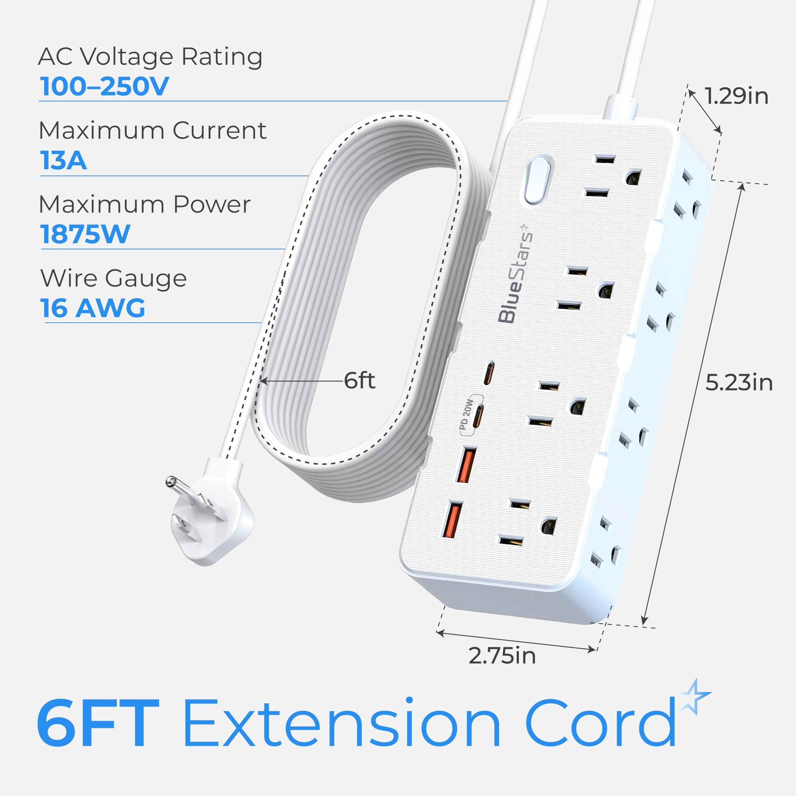 6 Ft Extension Cord Surge Protector Power Strip, Flat Plug with 8 AC Outlets & 4 USB Ports (2 USB C, 1 PD 20W Fast Charging), 1050 Joules, 1875W/13A, ETL Listed, Wall Mount for Home Office Dorm image 1