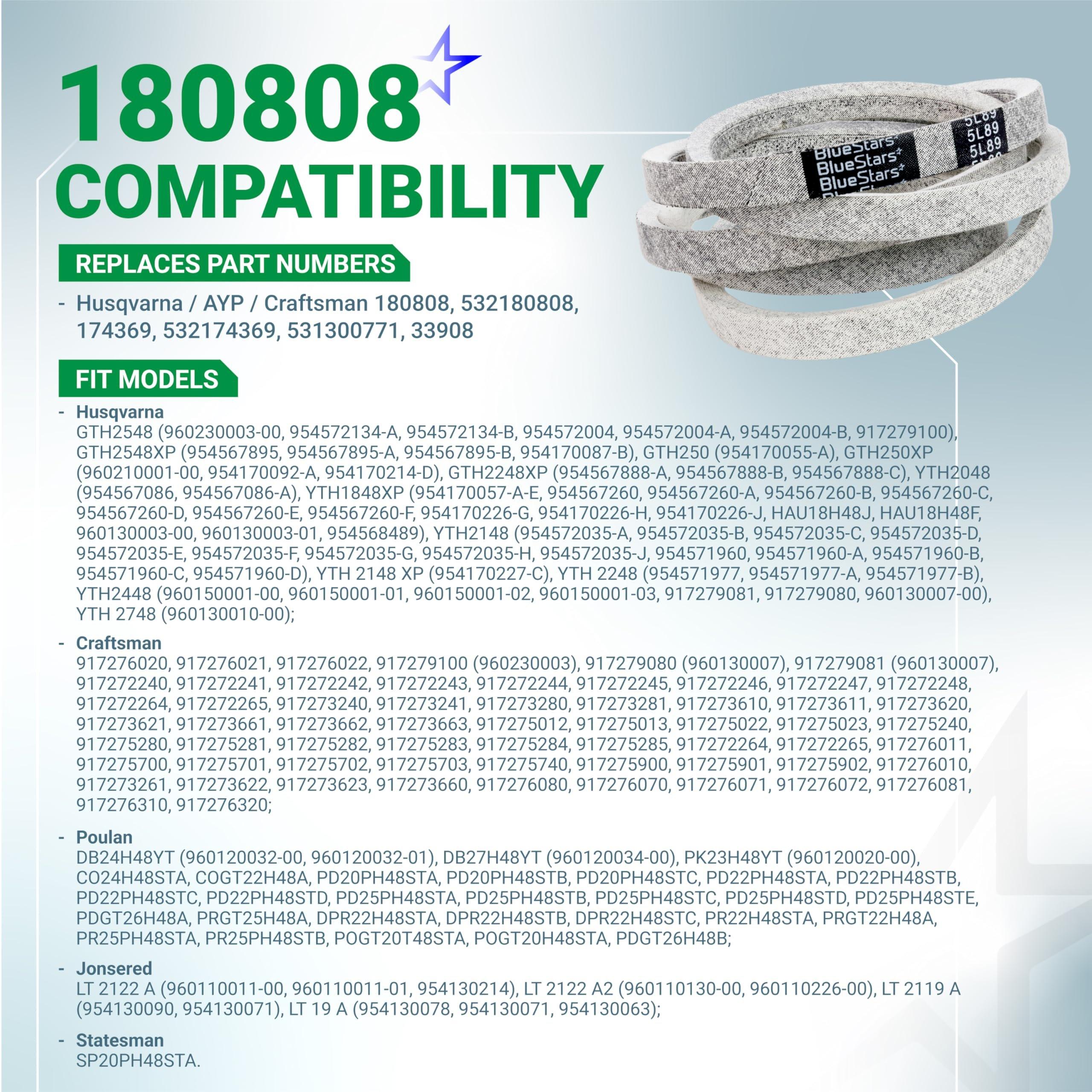 180808 Deck Belt - for 48 inch Deck Husqvarna GT5000 YTH2148 YTH2048 YTH2248 YTH1848XP YTH2448 AYP Craftsman Lawn Mowers - Replaces 532180808 174369 532174369 | 5/8" x 89" image 2