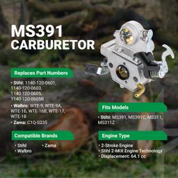 MS391 Carburetor Kit for Stihl MS311 MS311Z MS391C Walbro WTE-9A WTE-17 Chainsaw - Replaces 1140 120 0601 1140 120 0605 1140 120 0600 - Includes Fuel Filter Spark Plug Fuel Line thumbnail 4