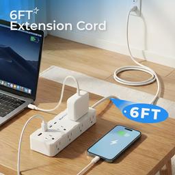6 Ft Extension Cord Surge Protector Power Strip, Flat Plug with 8 AC Outlets & 4 USB Ports (2 USB C, 1 PD 20W Fast Charging), 1050 Joules, 1875W/13A, ETL Listed, Wall Mount for Home Office Dorm thumbnail 5