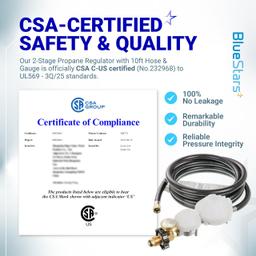 [CSA Certified] 10FT Two Stage Propane Regulator Hose and Gauge - Standard P.O.L Tank Connection and 3/8in Female Flare Fitting for Grill Heaters Fire Pit Gas Stove Generator thumbnail 1
