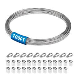 [Lifetime Warranty] 1/16" Wire Rope Kit - 100FT with 25pcs Aluminum Sleeves and 10pcs Thimbles - 7x7 Strand Core Heavy Duty Wire for Deck Railing, String Lights, Garden Trellis and More thumbnail 0