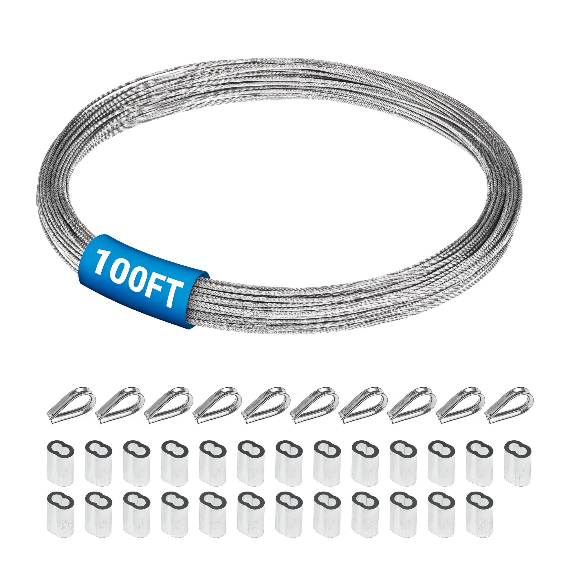 [Lifetime Warranty] 1/16" Wire Rope Kit - 100FT with 25pcs Aluminum Sleeves and 10pcs Thimbles - 7x7 Strand Core Heavy Duty Wire for Deck Railing, String Lights, Garden Trellis and More image 0