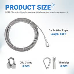 [Lifetime Warranty] 5/16" Wire Rope Kit - 50FT Wire Rope with 8pcs Clip Clamps and 8pcs Thimbles - 7x19 Strand Core Heavy Braided Steel Cable for Boat Lifts, Dock Rigging, Outdoor Use and More thumbnail 1