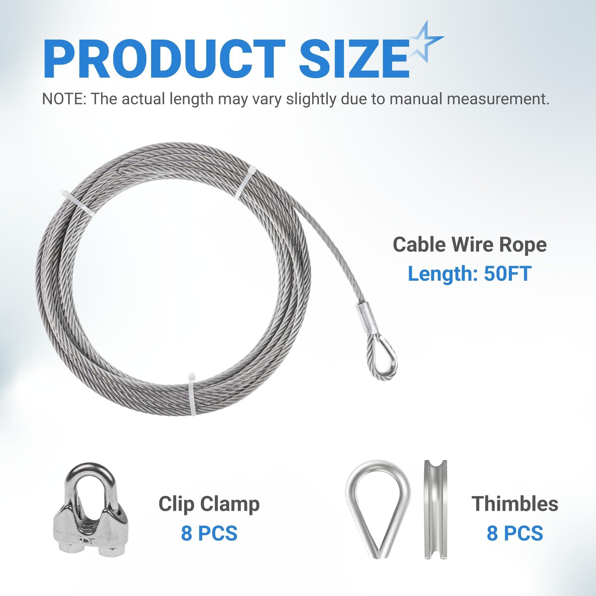 [Lifetime Warranty] 5/16" Wire Rope Kit - 50FT Wire Rope with 8pcs Clip Clamps and 8pcs Thimbles - 7x19 Strand Core Heavy Braided Steel Cable for Boat Lifts, Dock Rigging, Outdoor Use and More image 1