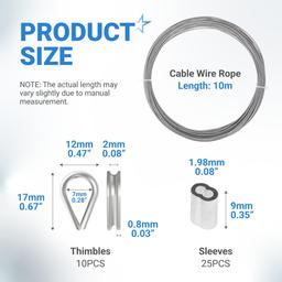 [Lifetime Warranty] 1/16" Wire Rope Kit - 100FT with 25pcs Aluminum Sleeves and 10pcs Thimbles - 7x7 Strand Core Heavy Duty Wire for Deck Railing, String Lights, Garden Trellis and More thumbnail 1