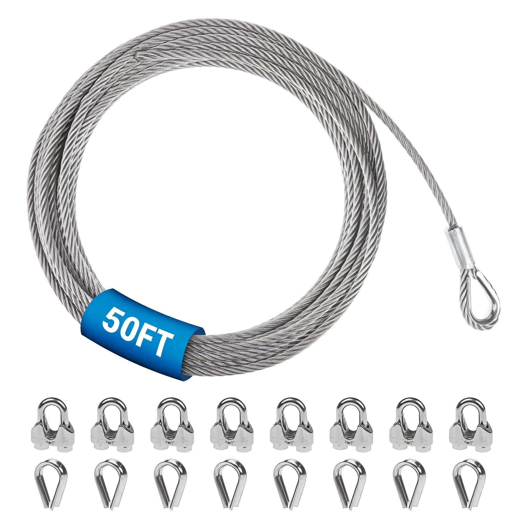[Lifetime Warranty] 5/16" Wire Rope Kit - 50FT Wire Rope with 8pcs Clip Clamps and 8pcs Thimbles - 7x19 Strand Core Heavy Braided Steel Cable for Boat Lifts, Dock Rigging, Outdoor Use and More image 0