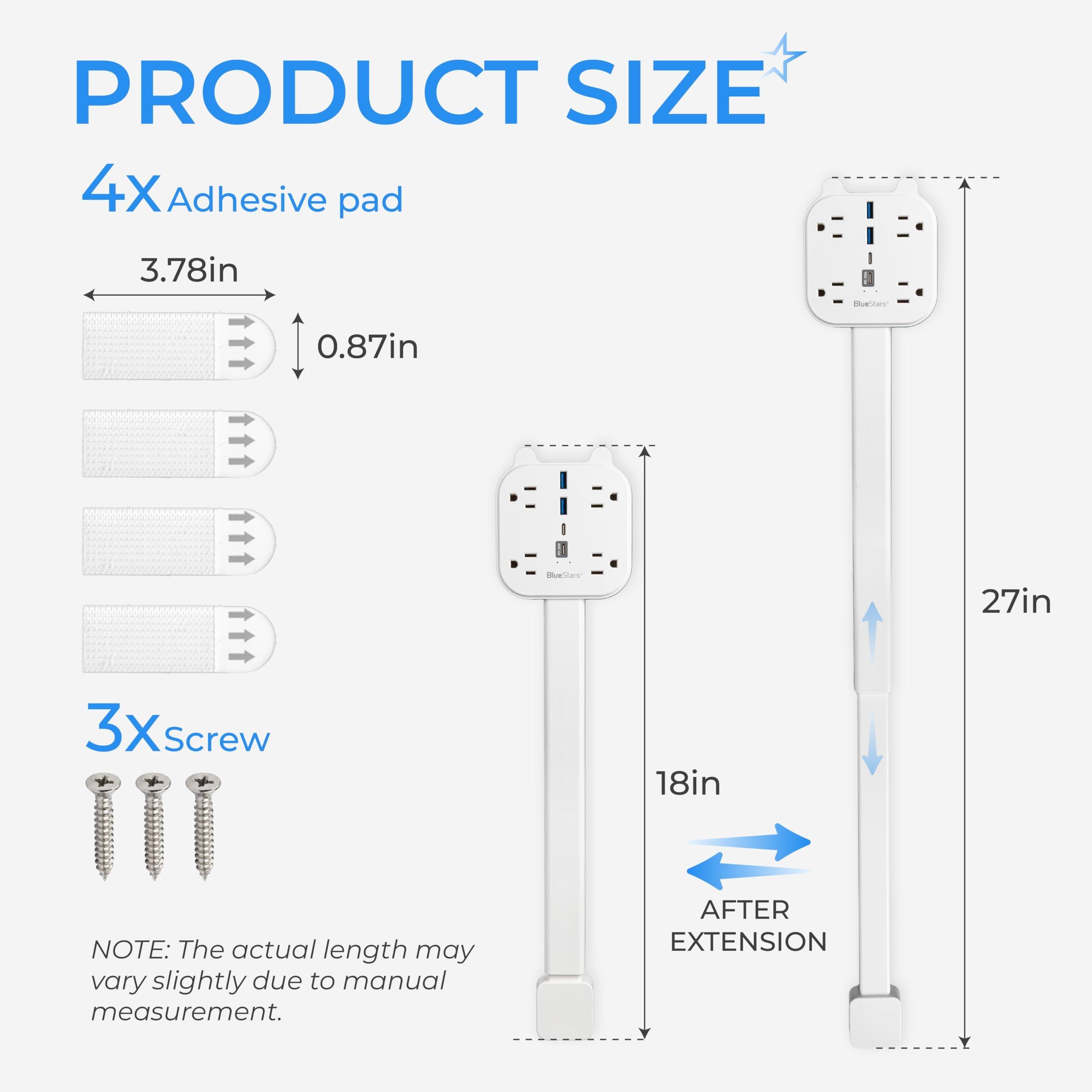 [Lifetime Warranty] Electrical Outlet Extender Stick, 360° Rotating Wall Outlet Expander with 4 AC Outlets, USB-C PD 20W Fast Charging, 2 USB-A & 2 USB-C Ports, 18"-27" Adjustable Power Strip image 1