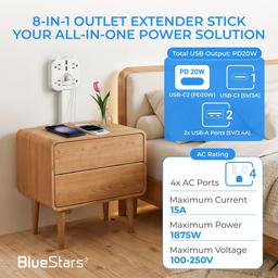 [Lifetime Warranty] Electrical Outlet Extender Stick, 360° Rotating Wall Outlet Expander with 4 AC Outlets, USB-C PD 20W Fast Charging, 2 USB-A & 2 USB-C Ports, 18"-27" Adjustable Power Strip thumbnail 2