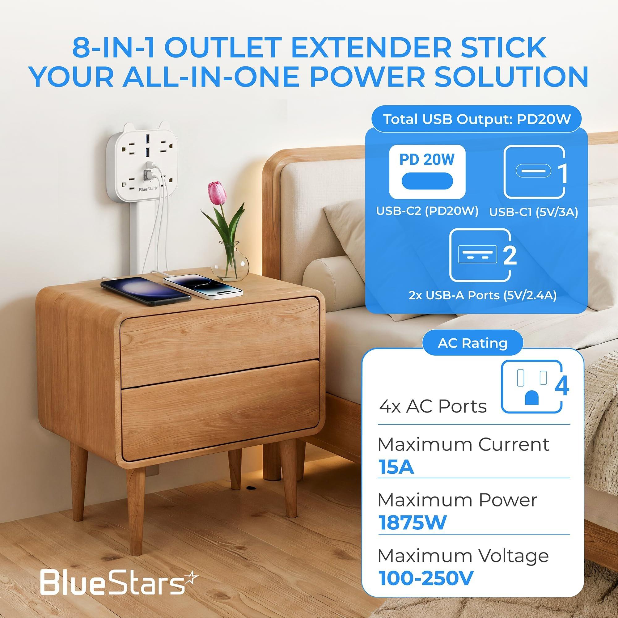 [Lifetime Warranty] Electrical Outlet Extender Stick, 360° Rotating Wall Outlet Expander with 4 AC Outlets, USB-C PD 20W Fast Charging, 2 USB-A & 2 USB-C Ports, 18"-27" Adjustable Power Strip image 2