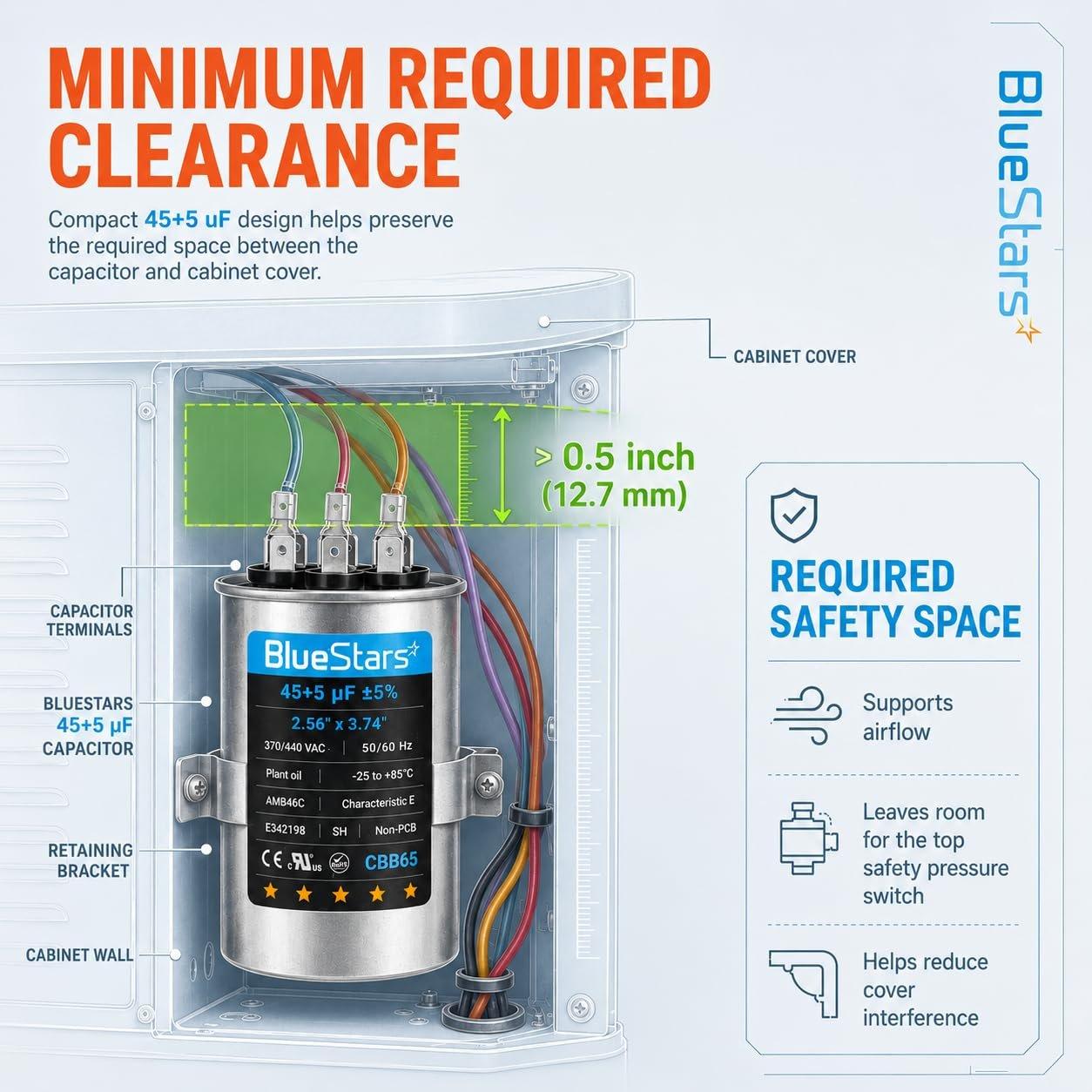 [Upgraded] 45+5 uF 45/5 MFD ±5% 370/440VAC CBB65 Dual Run Round Capacitor | CE cRUus Certified image 5