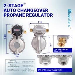 2-Stage Automatic Changeover LP Propane Gas Regulator with Two 18" Pigtail Hoses with Gauge & 4FT Outlet Regulator Stainless Hose 1/4 Inverted Male Flare for RV Camper Trailer | CSA Certified thumbnail 2