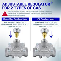 1/2" Gas Pressure Regulator, Adjustable Natural Gas and Liquefied Interchange Pressure Regulator with 2 Brass 1/2" NPT Conversion Adapters for NG/LPG Applications Grill, Heater, Oven, Stove thumbnail 3