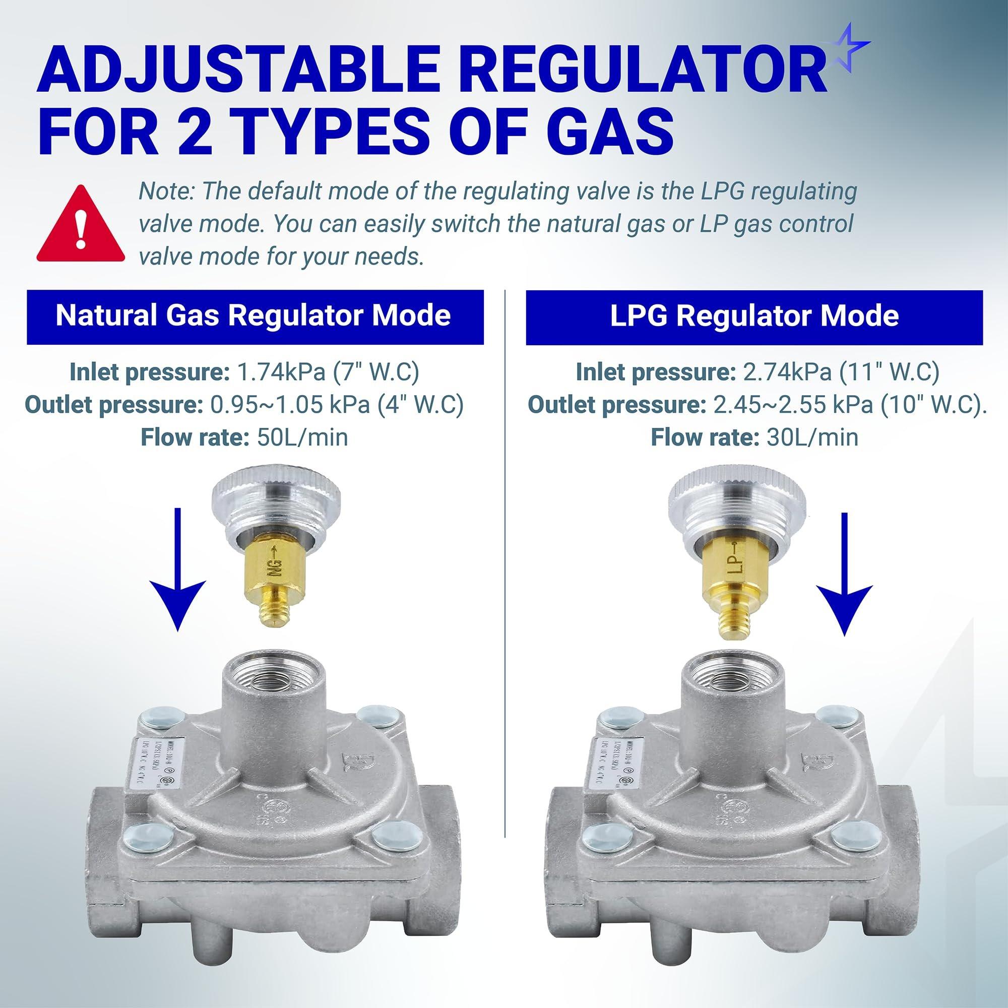 1/2" Gas Pressure Regulator, Adjustable Natural Gas and Liquefied Interchange Pressure Regulator with 2 Brass 1/2" NPT Conversion Adapters for NG/LPG Applications Grill, Heater, Oven, Stove image 3