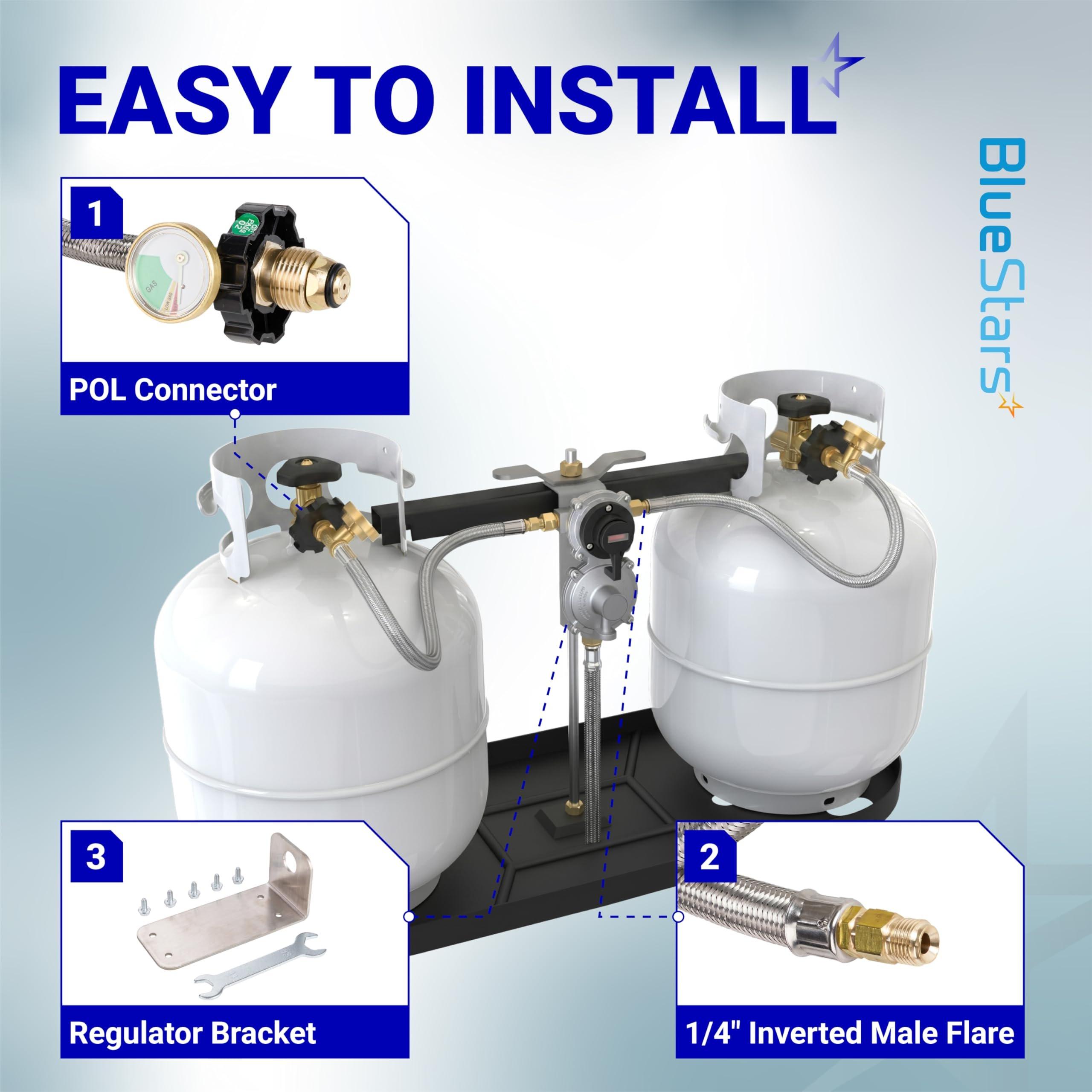 2-Stage Automatic Changeover LP Propane Gas Regulator with 36" Pigtail Hoses with Gauge POL Connect 100lb Propane Tank Regulator 1/4" Inverted Male Flare for RV Trailer Camper | CSA Certified image 3