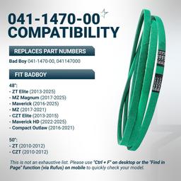 [Grip120] 041-1470-00 Deck Belt for 48” Bad Boy ZT Elite MZ Magnum Maverick HD Compact Loutlaw CZT Elite and 50” ZT CZT - Aramid Cord Mower Belt | 5/8” x 149.75” thumbnail 5