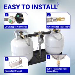 2-Stage Automatic Changeover LP Propane Gas Regulator with Two 18" Pigtail Hoses with Gauge & 4FT Outlet Regulator Stainless Hose 1/4 Inverted Male Flare for RV Camper Trailer | CSA Certified thumbnail 4