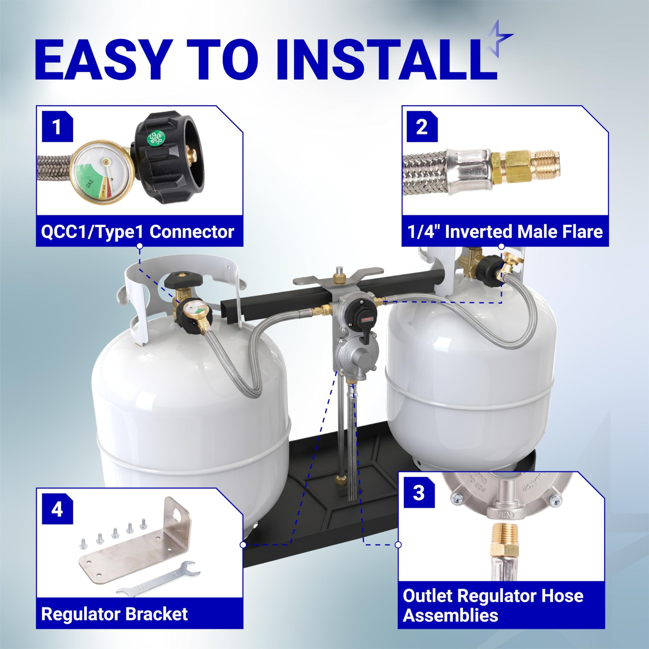 2-Stage Automatic Changeover LP Propane Gas Regulator with Two 18" Pigtail Hoses with Gauge & 4FT Outlet Regulator Stainless Hose 1/4 Inverted Male Flare for RV Camper Trailer | CSA Certified image 4