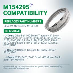 M154295 M158130 Deck Belt - Compatible with J-Deere Z245 Z425 Z445 EzTrak Zero-Turn Mowers with 48-inch Mower Deck, J-Deere D140 D155 D160 44-inch Snow Blower | 1/2" x 150" thumbnail 2