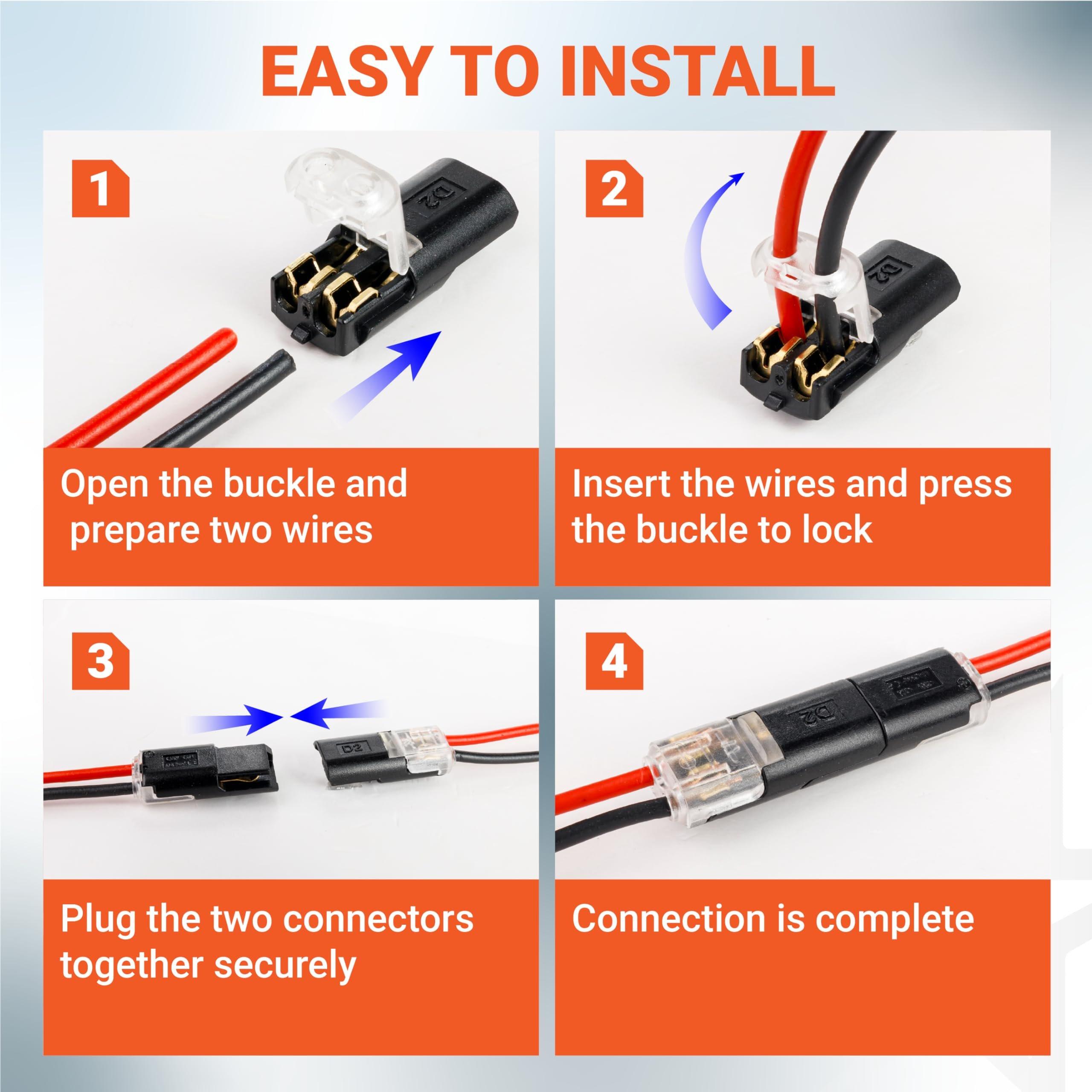 2 Pin Double Wire Plug-in Connectors with Locking Buckle, 18-22 AWG Low Voltage Quick Wire Splice Connectors | Pack of 100 image 3