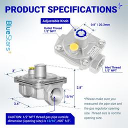 1/2" Gas Pressure Regulator, Adjustable Natural Gas and Liquefied Interchange Pressure Regulator with 2 Brass 1/2" NPT Conversion Adapters for NG/LPG Applications Grill, Heater, Oven, Stove thumbnail 1