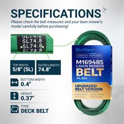 [Grip120] M169485 Primary Deck Belt for John Deere X330 X350 X354 X370 X380 X390 X394, X570 X580 X584 X590 Lawn Tractors, Mower Belt - Replaces UC39236 | 5/8" x 74.8" thumbnail 1