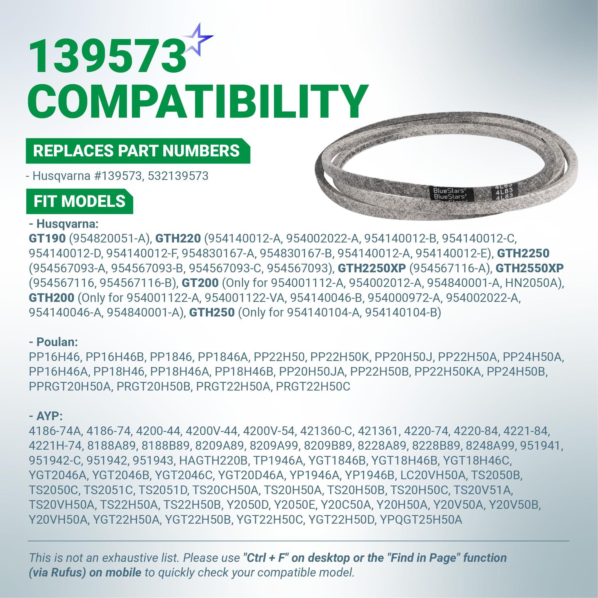 139573 Primary Deck Belt Replacement for Husqvarna 532139573 GTH220 GT190 GTH2250 GTH 2250 XP GTH2550XP GTH200 Craftsman AYP Poulan Lawn Mower Garden Tractor | 1/2" x 83" image 2