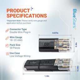 2 Pin Double Wire Plug-in Connectors with Locking Buckle, 18-22 AWG Low Voltage Quick Wire Splice Connectors | Pack of 50 thumbnail 1