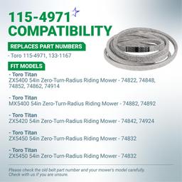 115-4971 Deck Belt Replacement for Toro Titan 54" ZX5400 MX5400 ZX5420 MX5480 ZX5450 74832 74862 74882 74822 74848 74852 Zero Turn Mower - Replaces 133-1167 | 5/8" x 175.9" thumbnail 2
