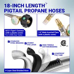 2-Stage Automatic Changeover LP Propane Gas Regulator with Two 18" Pigtail Hoses with Gauge & 4FT Outlet Regulator Stainless Hose 1/4 Inverted Male Flare for RV Camper Trailer | CSA Certified thumbnail 6