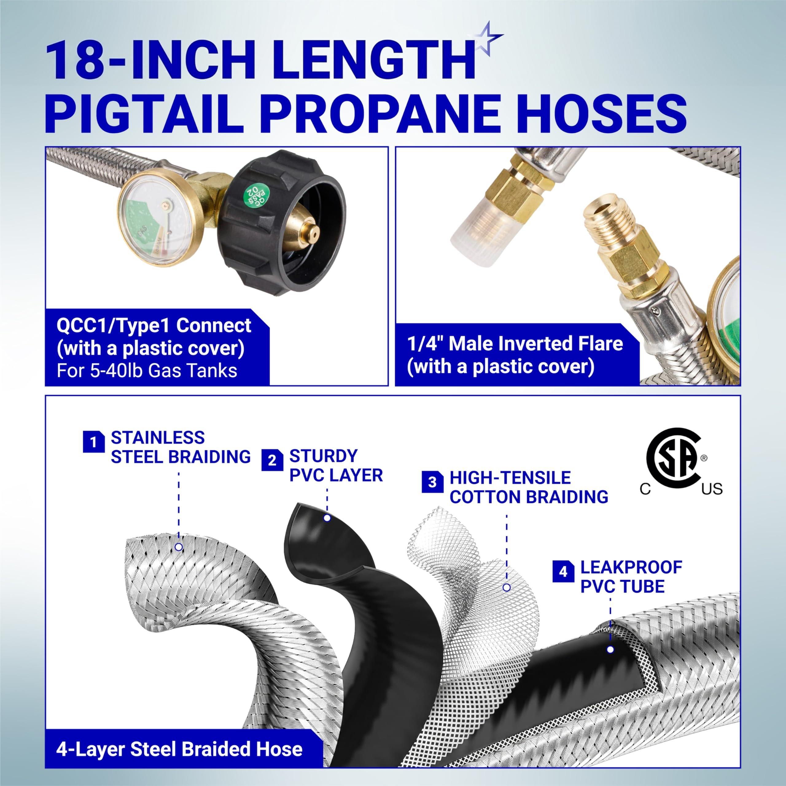 2-Stage Automatic Changeover LP Propane Gas Regulator with Two 18" Pigtail Hoses with Gauge & 4FT Outlet Regulator Stainless Hose 1/4 Inverted Male Flare for RV Camper Trailer | CSA Certified image 6