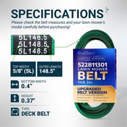 [Grip120] 522811301 Deck Belt for 52" Husqvarna MZ52 MZT52 MZT 52 BF MZ5226BF Dixon RedMax Zero-Turn Mowers - Replaces 522811301 Mower Belt | 148.5" x 5/8" thumbnail 1