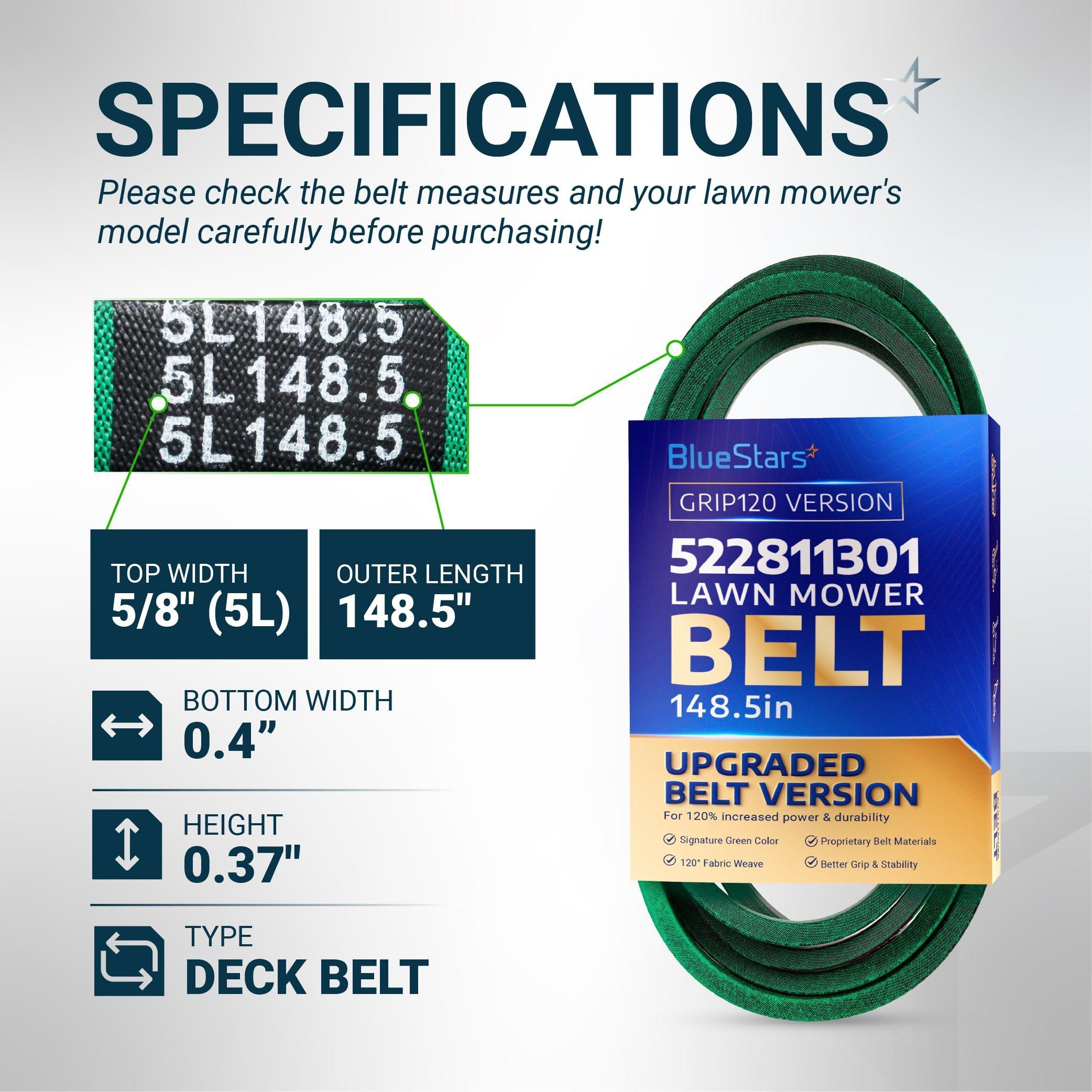 [Grip120] 522811301 Deck Belt for 52" Husqvarna MZ52 MZT52 MZT 52 BF MZ5226BF Dixon RedMax Zero-Turn Mowers - Replaces 522811301 Mower Belt | 148.5" x 5/8" image 1
