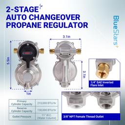 2-Stage Automatic Changeover LP Propane Gas Regulator with 36" Pigtail Hoses with Gauge POL Connect 100lb Propane Tank Regulator 1/4" Inverted Male Flare for RV Trailer Camper | CSA Certified thumbnail 2